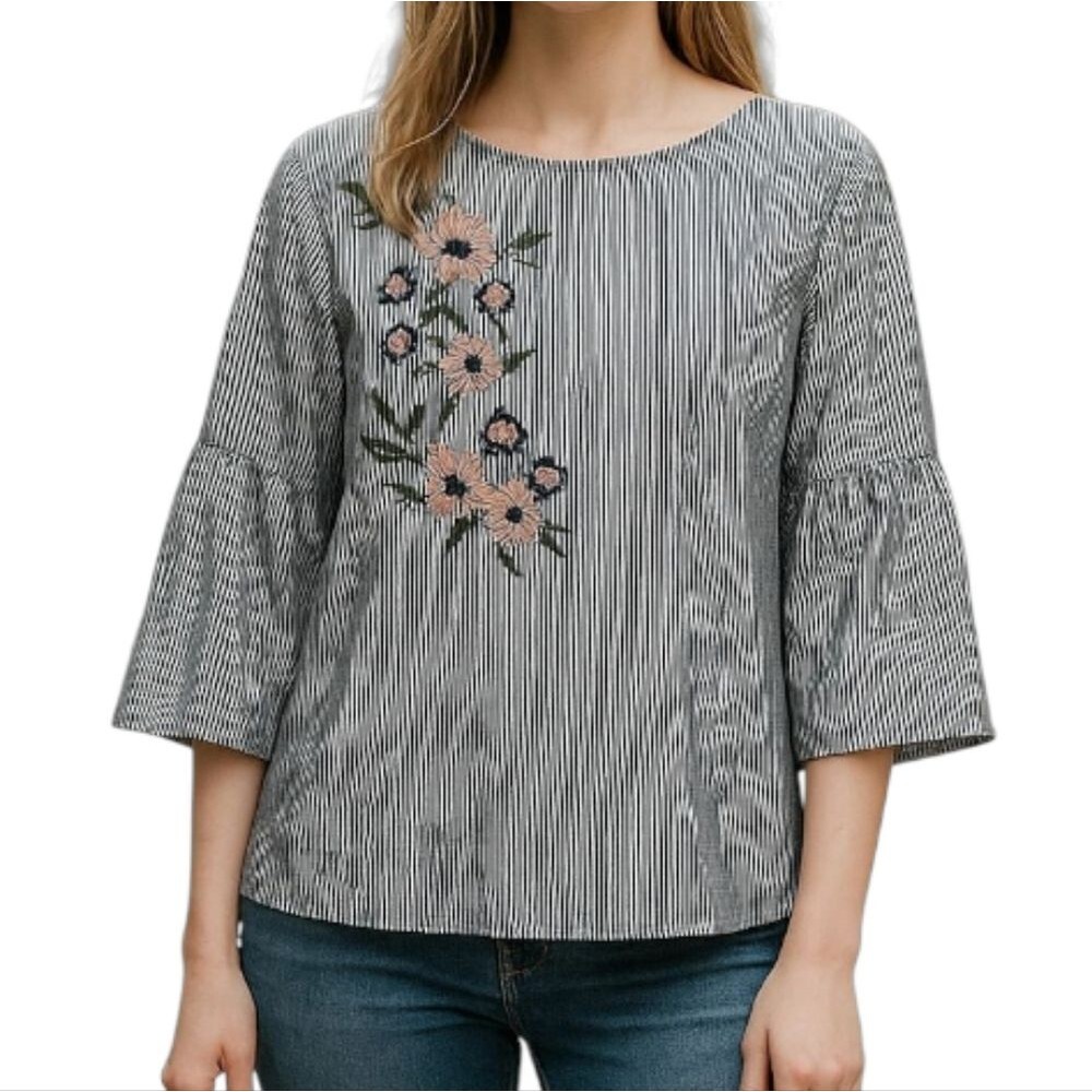 Fred David Pinstripe Floral Embroidered Bell Sleeve Peasant Blouse